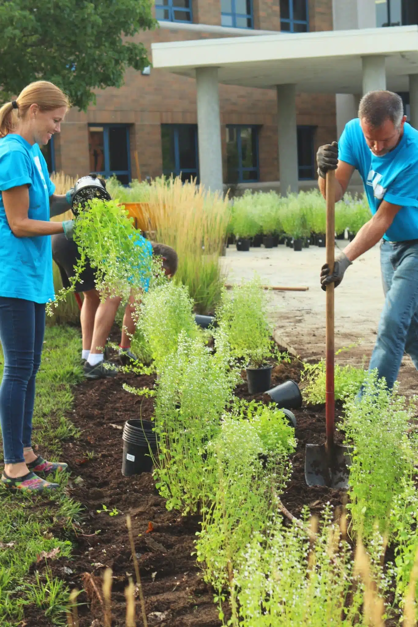 Volunteers for a nonprofit working in a garden