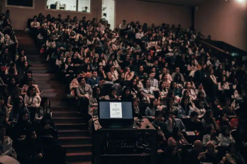 College lecture hall with theatre-style seating